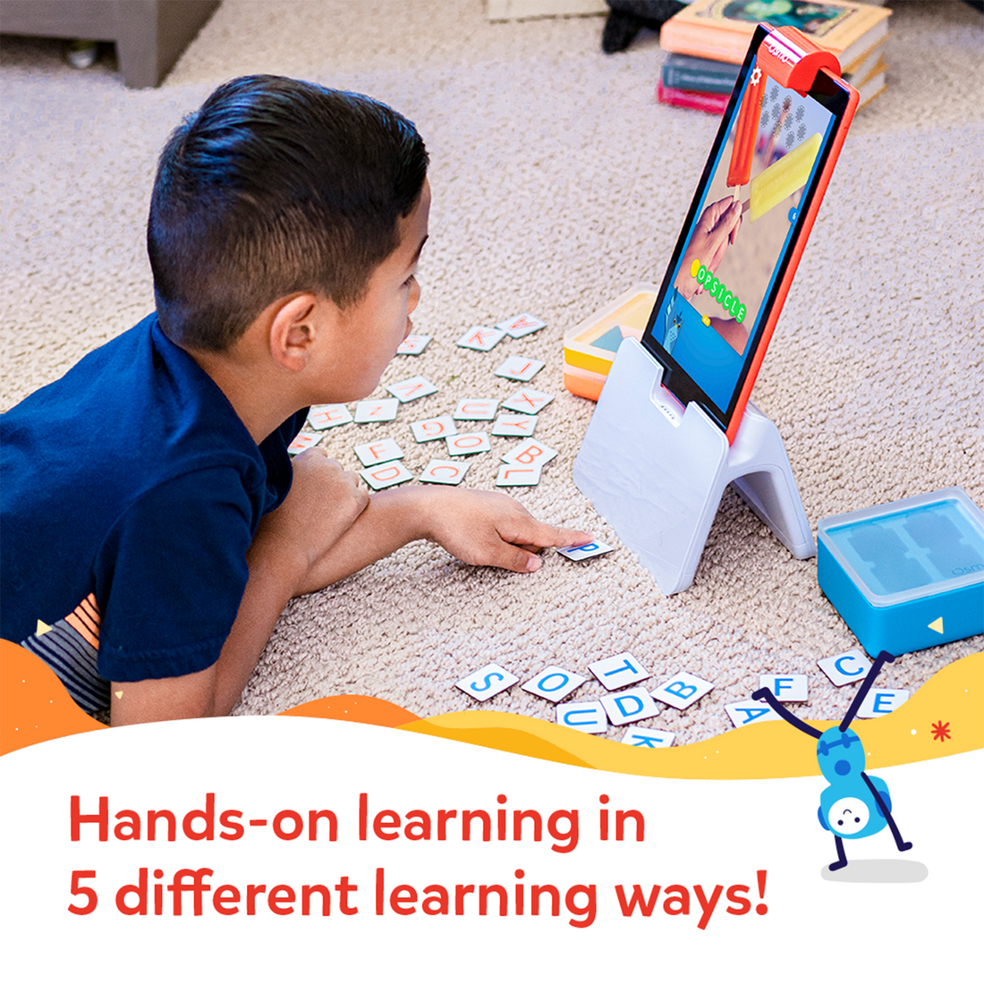 A child playing Osmo Words with letter tiles on the floor — hands-on learning in 5 different ways