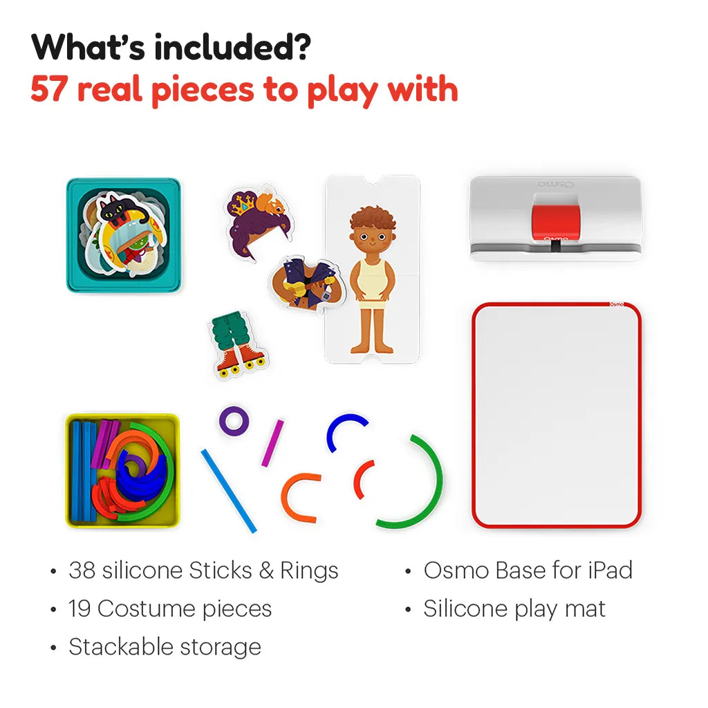 What's included: 38 Sticks and Rings, 19 costume pieces, Osmo Base, play mat and stackable storage