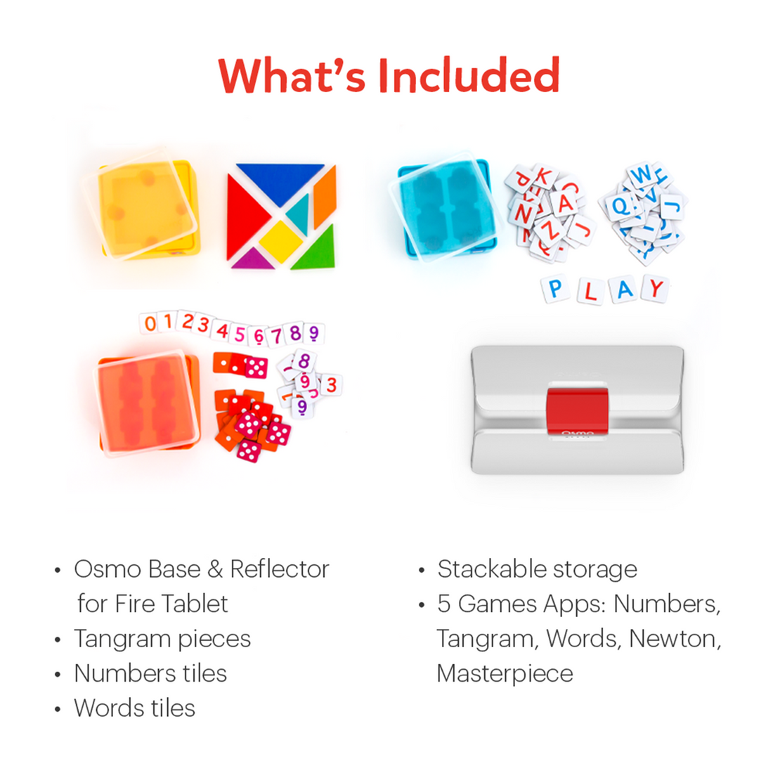 What's included: Osmo Base & reflector for Fire Tablet, 5 game apps, Words tiles, Numbers tiles, Tangram pieces and stackable storage