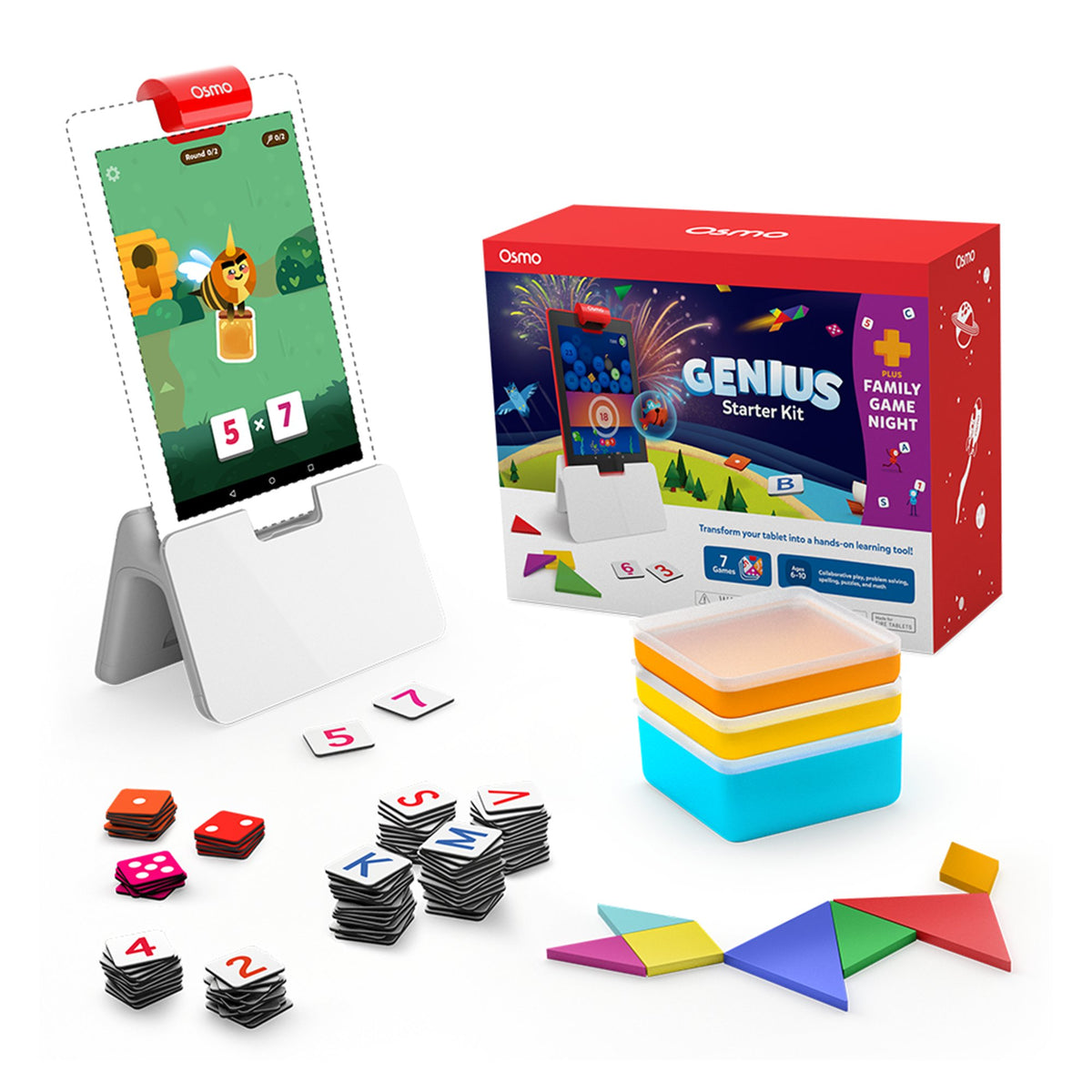Genius Starter Kit + Family Game Night for Fire tablet - box, Osmo base with Fire tablet, and game pieces