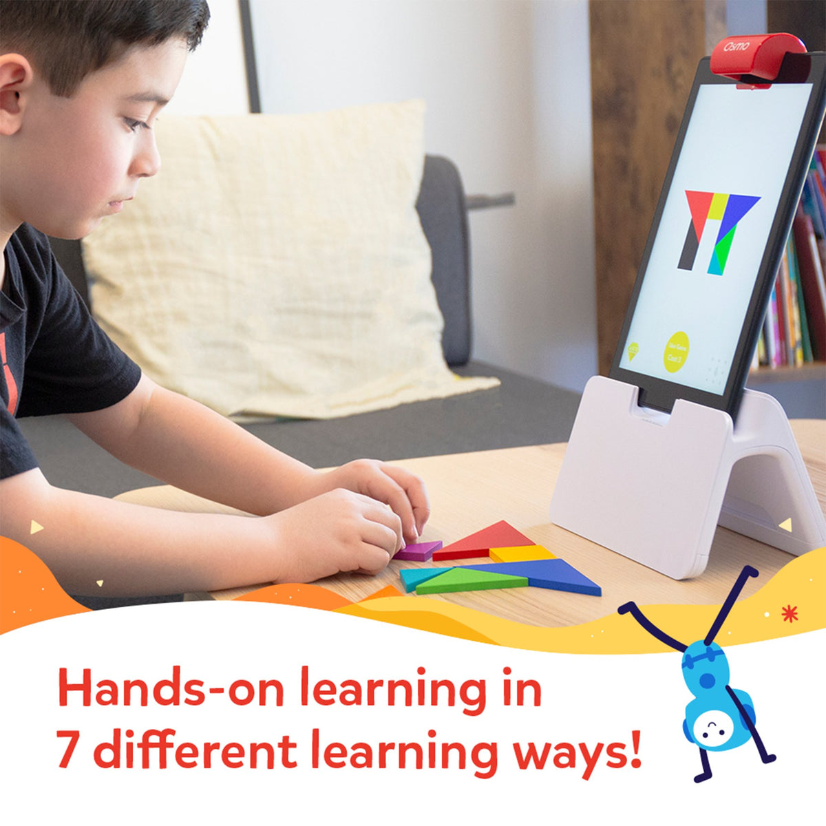 Genius Starter Kit + Family Game Night for Fire tablet - child solving a Tangram puzzle, hands-on learning in 7 different ways