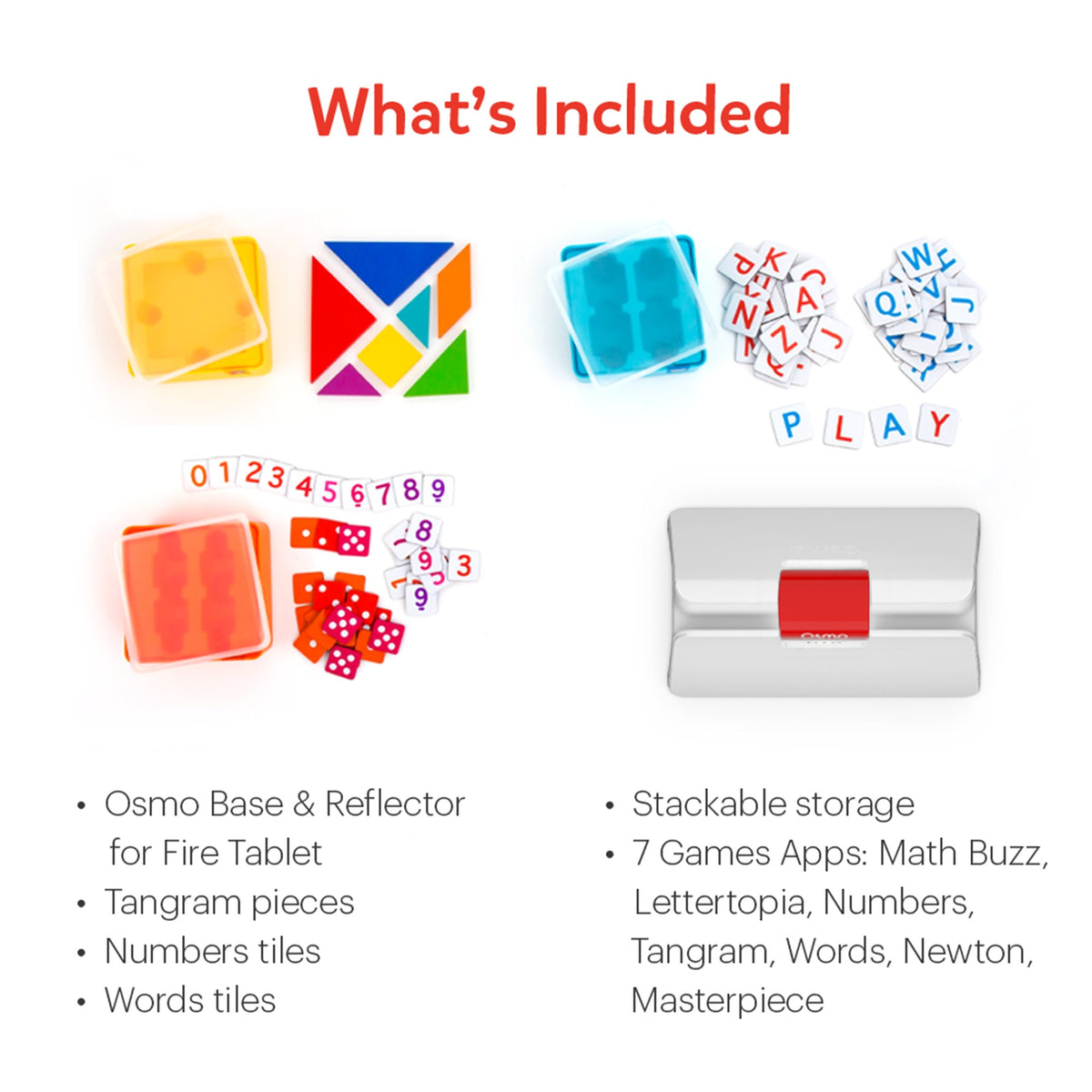 Genius Starter Kit + Family Game Night for Fire tablet - what's included: base and reflector, tangram, number and word tiles, 7 game apps