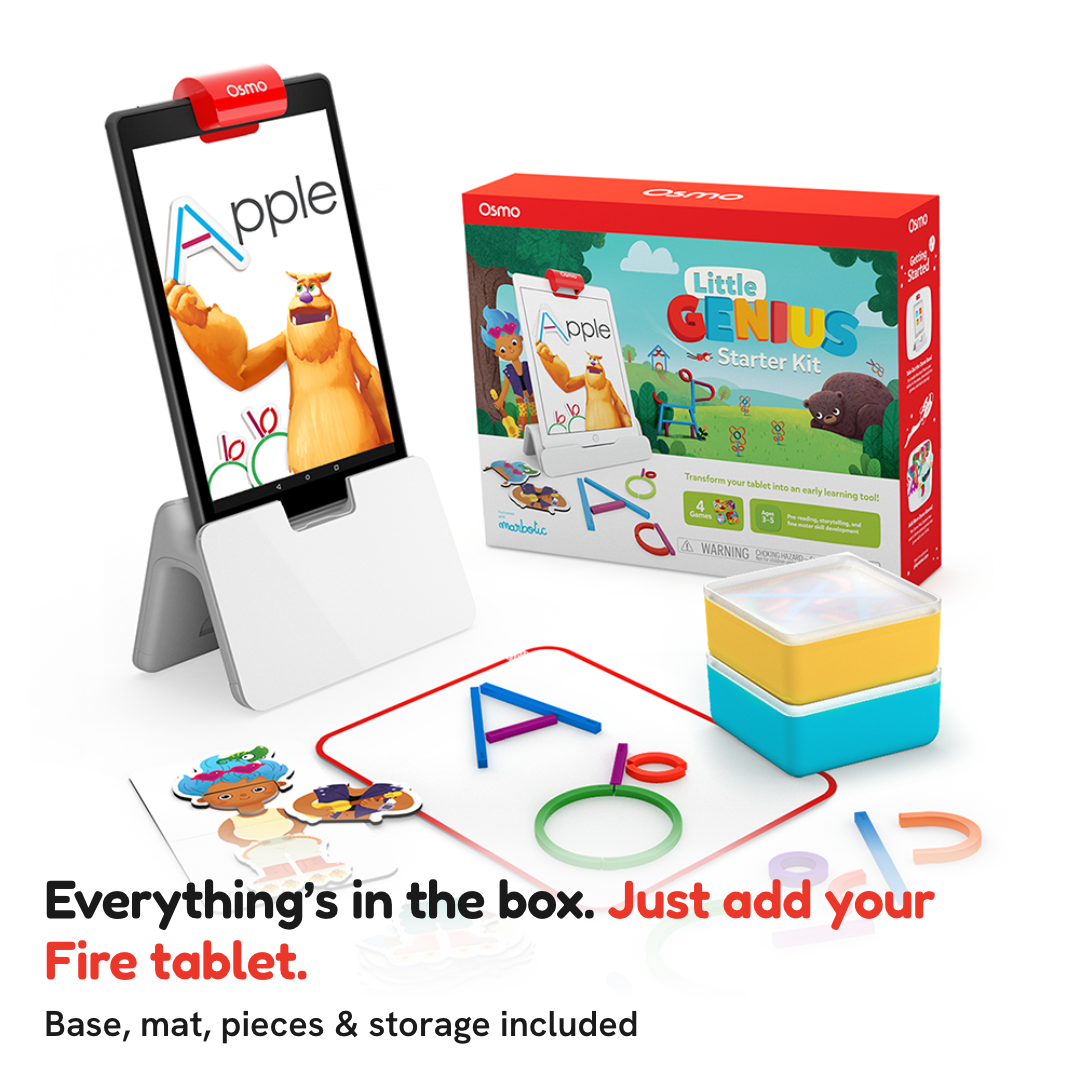Everything's in the box, just add your Fire tablet: the Osmo base with a Fire tablet playing the letters game, the kit box, play mat, silicone sticks and rings, costume pieces and stackable storage