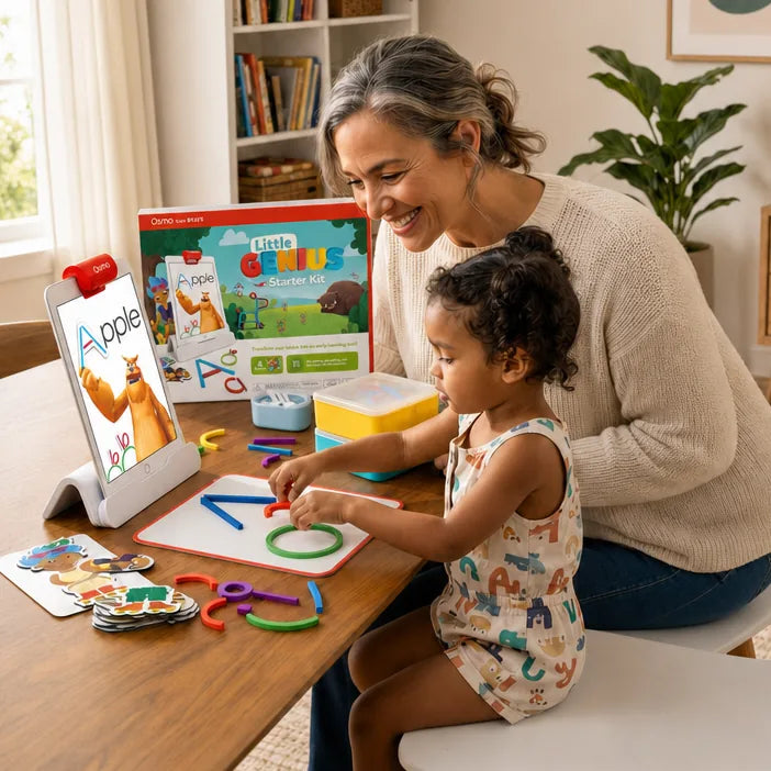A grandma and her granddaughter playing Little Genius together at the table